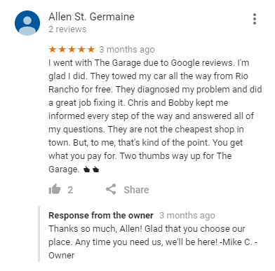 The Garage Google review