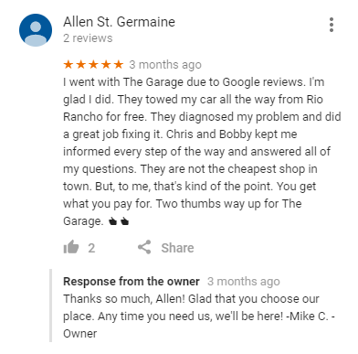 Should I Respond to My Auto Parts Store Google Reviews? The Garage Google review