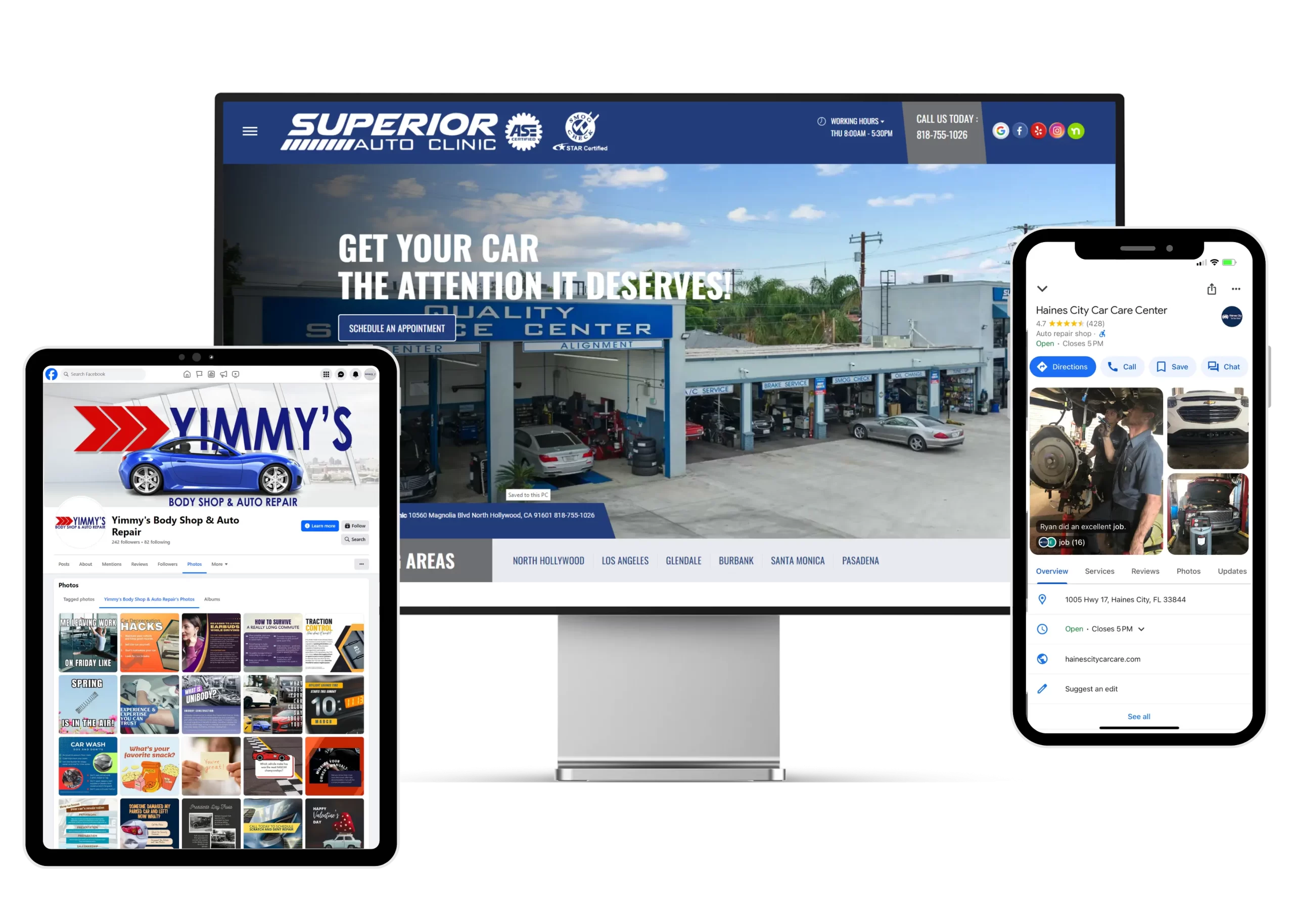 Auto Repair Shop Marketing A visual showcase of the Repair Shop Websites team's work, featuring a desktop computer, tablet, and smartphone. The computer screen displays one of their customers’ websites for Superior Auto Clinic. The tablet shows a customer’s Facebook page—Yimmy’s Body Shop & Auto Repair—featuring various social media posts. The smartphone displays the Google Business Profile for Haines City Car Care Center. This image highlights how Repair Shop Websites supports auto repair shops across multiple digital platforms.